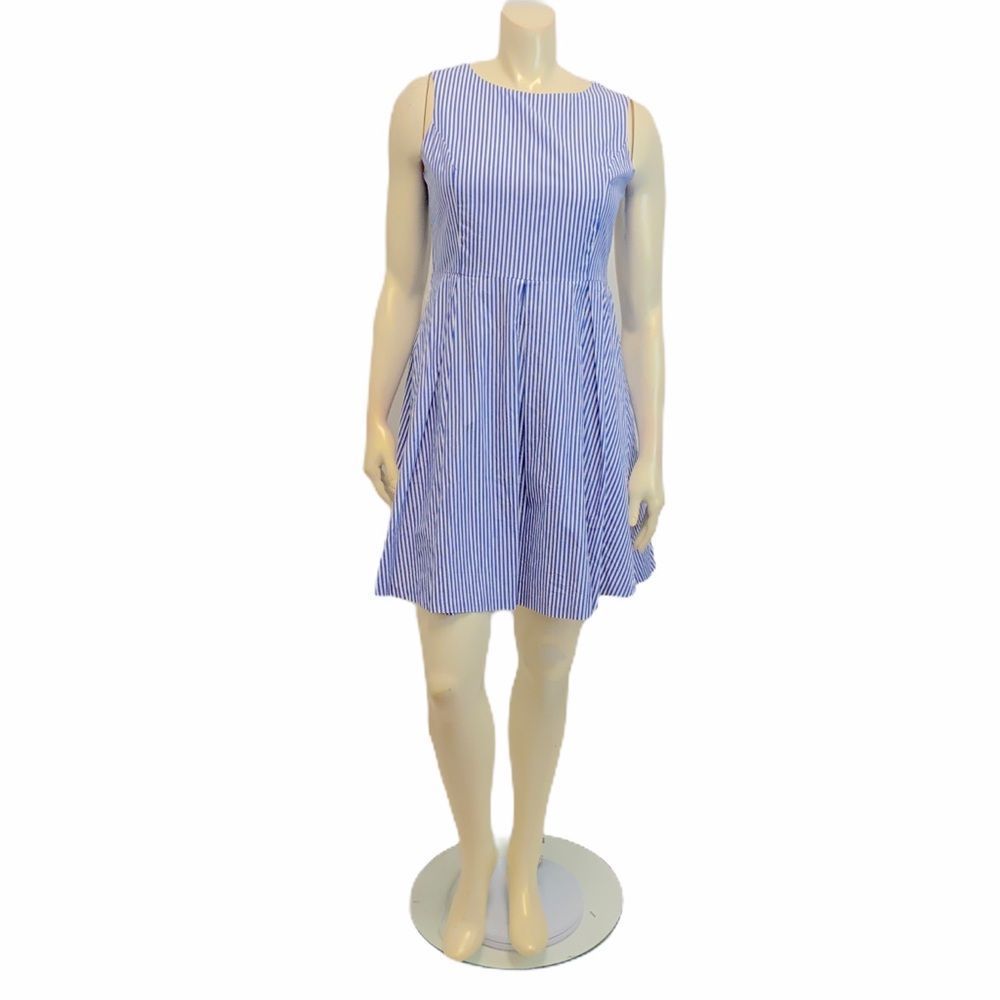 Capagallo Women's Sz 8 Stripe Pleated White Blue Sleeveless Dress- MISSING BELT